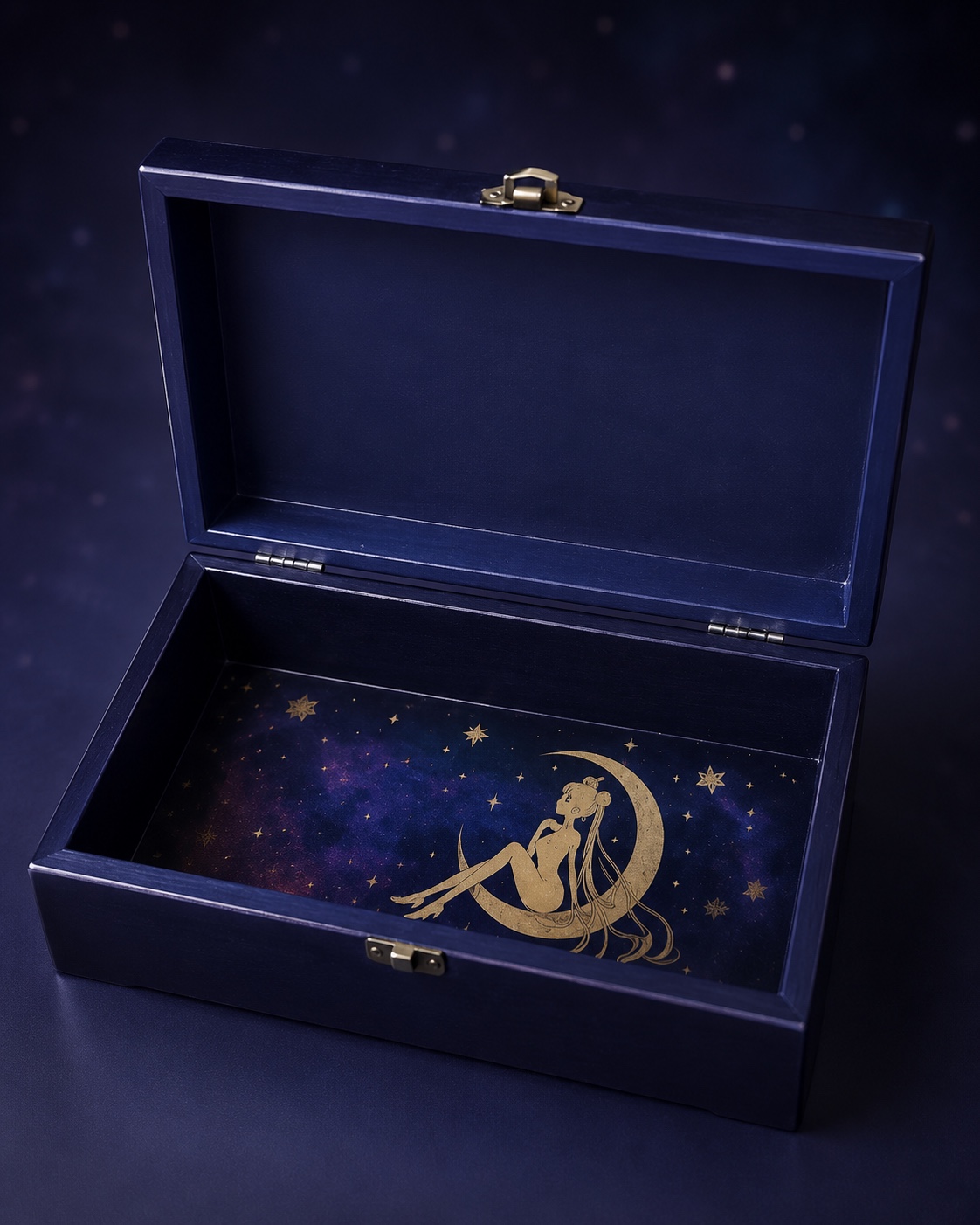 Open celestial keepsake box showing the finished interior