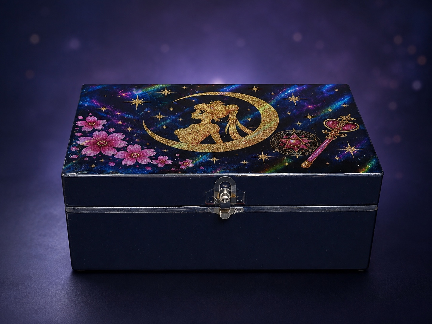 Black celestial themed keepsake box with gold and pink details