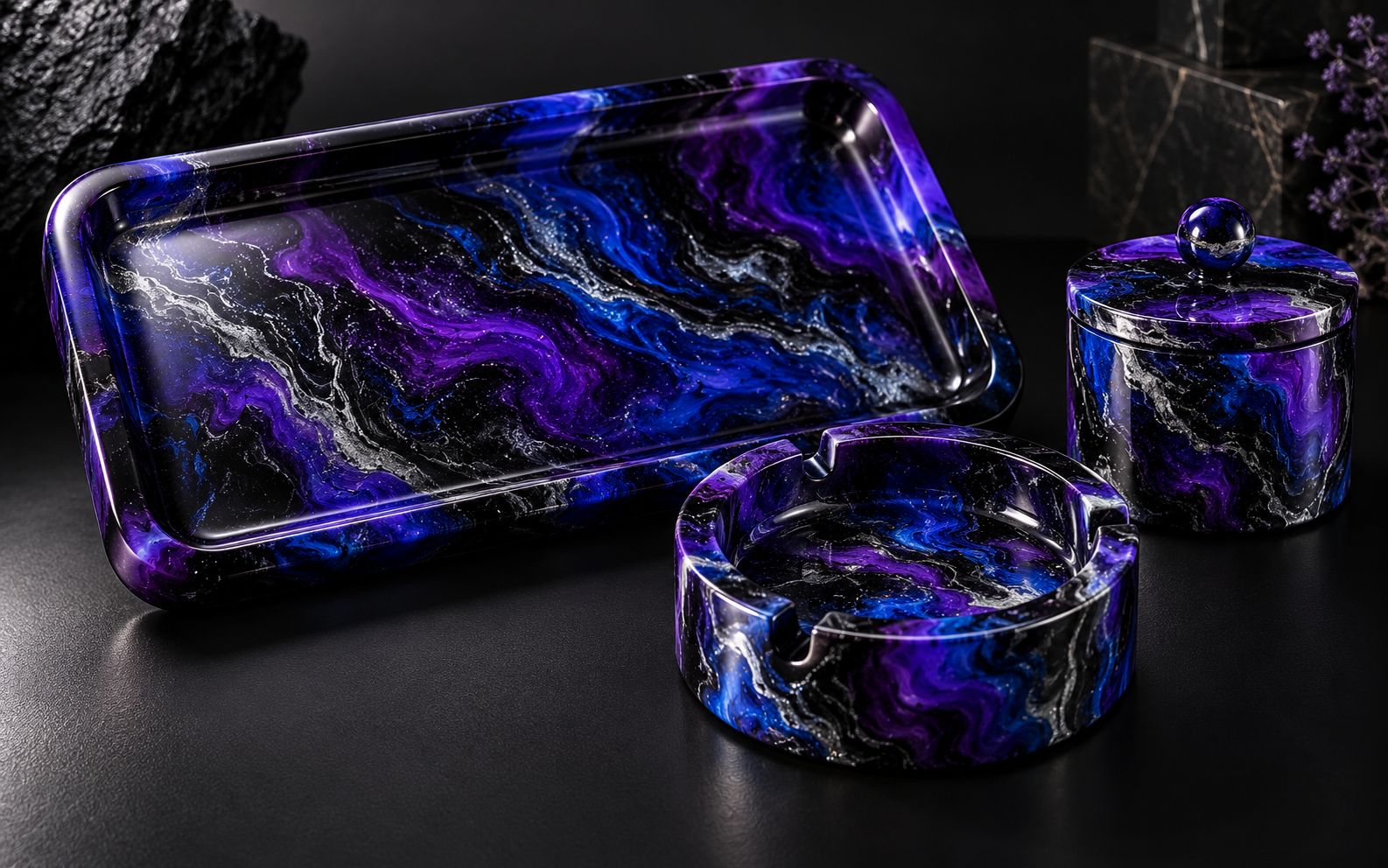 Purple, cobalt blue, black, and silver handcrafted resin tray, ashtray, and keepsake box